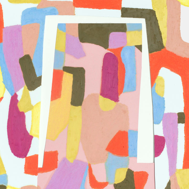 The artwork 'Inlay (two)' by Alicia Little features vibrant abstract shapes in oil pastel and gouache on paper. A central white rectangular frame contains playful organic forms in pink, yellow, orange, blue, and burgundy. The composition showcases bold brushstrokes and overlapping geometric elements, creating a dynamic contemporary design measuring 22x14 inches.