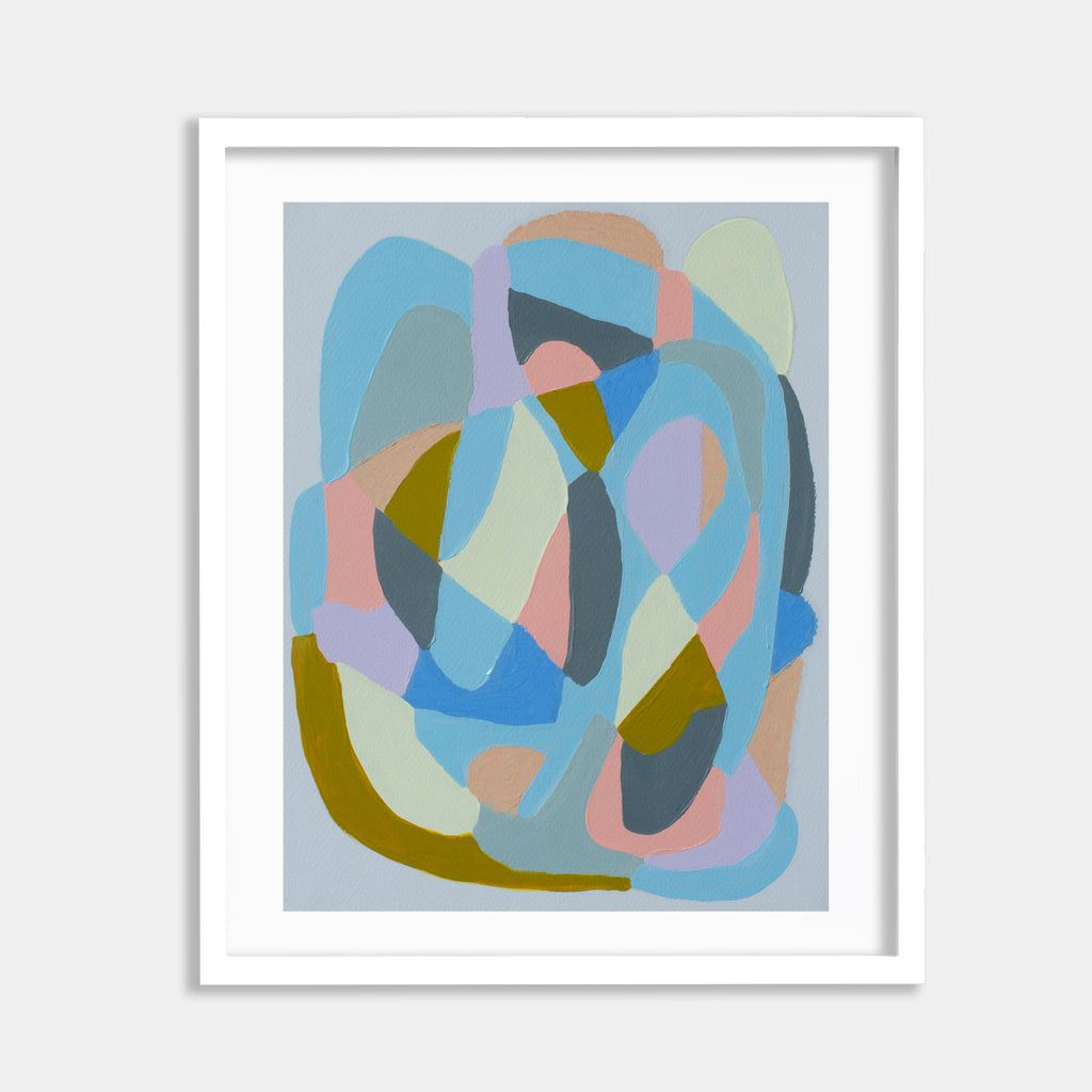 The artwork 'Light Lavender, Blue on Lavender' by Alicia Little features abstract overlapping curved shapes in soft pastels, including light blue, lavender, peach, and olive green, creating a harmonious composition. Oil and oil pastel on paper create smooth transitions and gentle color interactions, displayed in a white frame against a gray background.