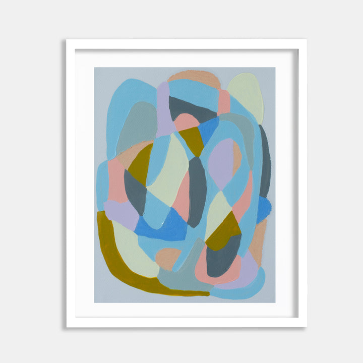 The artwork 'Light Lavender, Blue on Lavender' by Alicia Little features abstract overlapping curved shapes in soft pastels, including light blue, lavender, peach, and olive green, creating a harmonious composition. Oil and oil pastel on paper create smooth transitions and gentle color interactions, displayed in a white frame against a gray background.