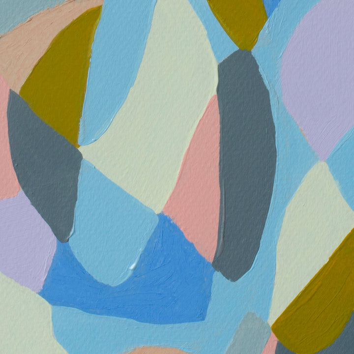 The artwork 'Light Lavender, Blue on Lavender' by Alicia Little features abstract curved shapes in soft pastel hues, including light blue, lavender, pale pink, and olive green. The oil and oil pastel composition creates a harmonious blend of organic forms with smooth textural transitions on paper, measuring 11 x 8.5 inches.