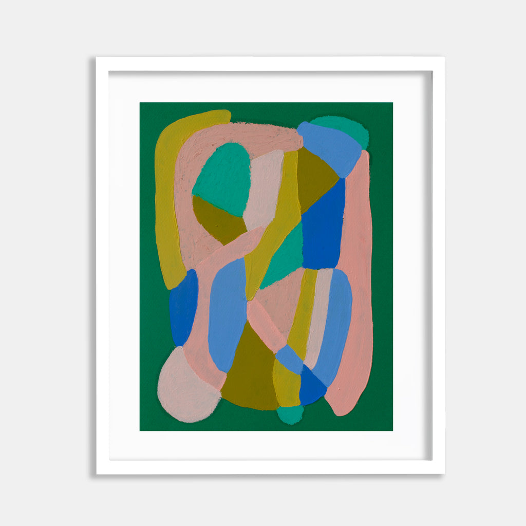 The artwork 'Pink, Mustard, Blue on Green' by Alicia Little features abstract organic shapes in soft pink, vibrant mustard yellow, and bold blue against a rich emerald green background. Created with oil and oil pastel on paper, the composition showcases flowing curved forms that intersect and overlap, creating a dynamic modernist aesthetic.
