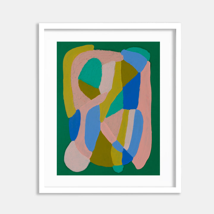 The artwork 'Pink, Mustard, Blue on Green' by Alicia Little features abstract organic shapes in soft pink, vibrant mustard yellow, and bold blue against a rich emerald green background. Created with oil and oil pastel on paper, the composition showcases flowing curved forms that intersect and overlap, creating a dynamic modernist aesthetic.