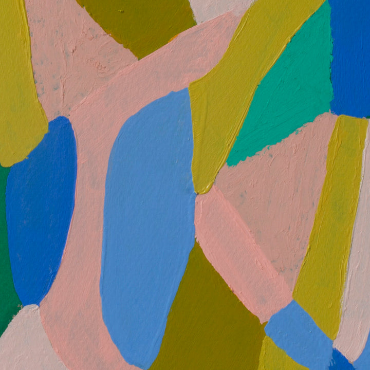 The artwork 'Pink, Mustard, Blue on Green' by Alicia Little features an abstract composition with curved organic shapes in soft pink, vibrant mustard yellow, ocean blue, and emerald green. Oil and oil pastel on paper create textural variations, with smooth color blocks intersecting in a dynamic, flowing pattern.