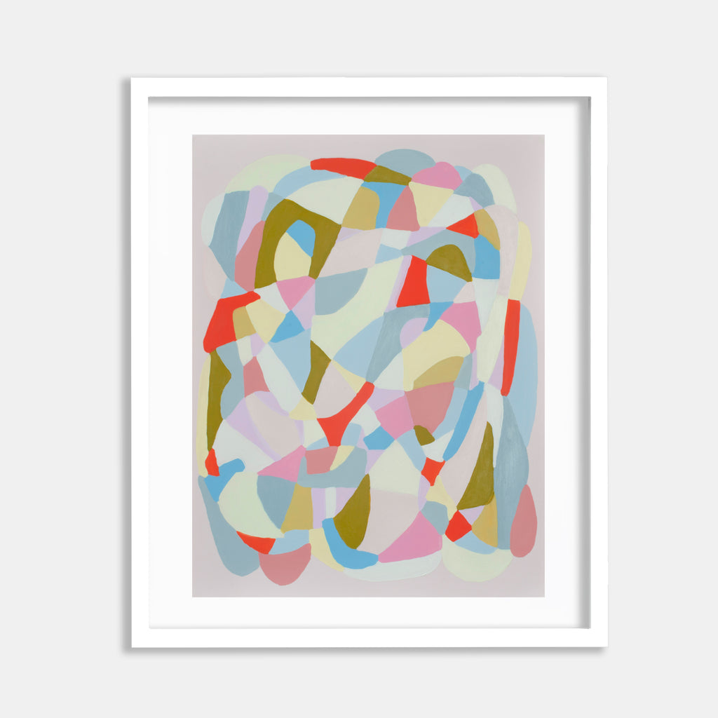 Pink, Orange, Butter Yellow on Light Pink by Alicia Little features an abstract composition of overlapping curved shapes in soft pastels and vibrant accents. The oil on paper artwork combines gentle pink, light blue, and butter yellow forms with bold orange elements, creating a harmonious geometric pattern within a white frame. 25x19 inches.