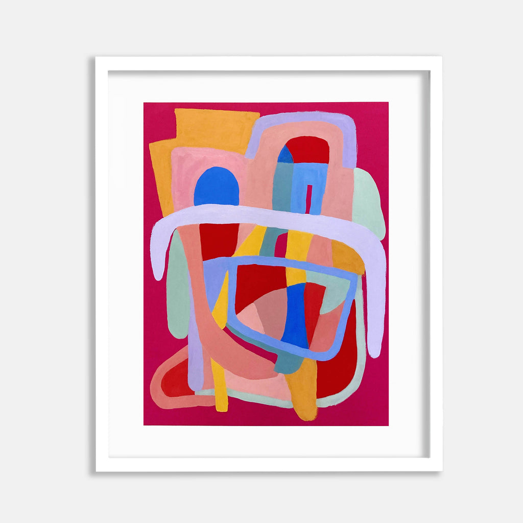 The artwork 'Red (Berry)' by Alicia Little features abstract geometric shapes in vibrant colors against a deep raspberry background. Curved and angular forms in soft pastels, including pink, blue, yellow, and mint green, interweave to create a dynamic composition. Oil pastel and gouache techniques create smooth, bold textures within a 25x19 inch frame.