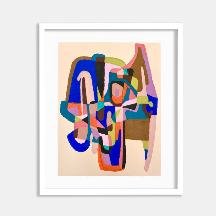 The artwork 'System (blue with brown)' by Alicia Little features abstract geometric shapes in vibrant blue, brown, and pink tones. The composition showcases interlocking curved forms and angular elements, created with oil pastel and gouache on paper. The piece displays a dynamic interplay of bold colors and organic shapes against a warm beige background, framed in white.
