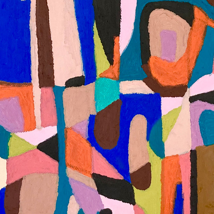 The artwork 'System (blue with brown)' by Alicia Little features an abstract geometric composition with vibrant color blocks including electric blue, coral orange, soft pink, and teal green. The painting showcases angular shapes and curved forms intersecting in a dynamic pattern, created with oil pastel and gouache on paper, displaying rich textures and bold contrasts.