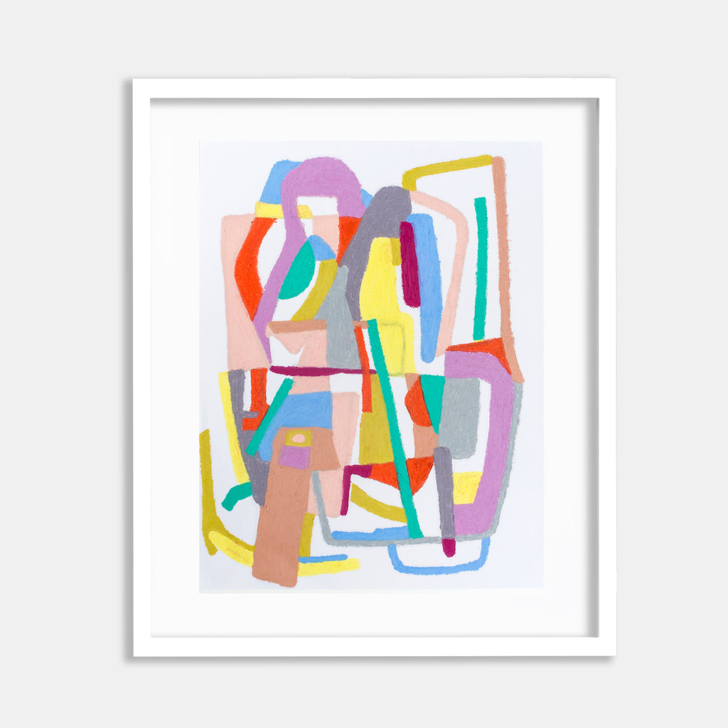 The artwork 'System (lavender)' by Alicia Little features an abstract composition of interlocking geometric shapes in vibrant pastels and bold colors, including lavender, yellow, turquoise, coral, and pink. Created with oil pastel and gouache on paper, the piece showcases fluid lines and organic forms arranged in a dynamic, playful pattern. By Alicia Little.