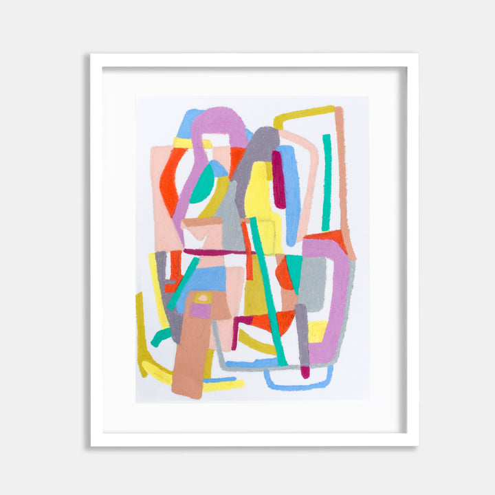 The artwork 'System (lavender)' by Alicia Little features an abstract composition of interlocking geometric shapes in vibrant pastels and bold colors, including lavender, yellow, turquoise, coral, and pink. Created with oil pastel and gouache on paper, the piece showcases fluid lines and organic forms arranged in a dynamic, playful pattern. By Alicia Little.