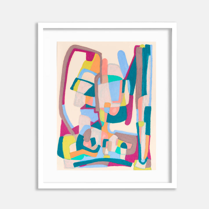 The artwork 'System (peach)' by Alicia Little features an abstract composition of interlocking geometric shapes in vibrant colors including peach, turquoise, pink, and sky blue. Created with oil pastel and gouache on paper, the piece displays fluid, curved lines and angular forms that create a dynamic, modernist aesthetic against a soft peachy-beige background. By Alicia Little.