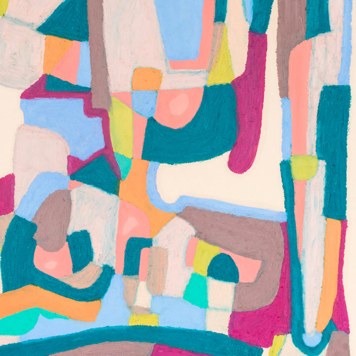 The artwork 'System (peach)' features an abstract composition of interlocking curved shapes in vibrant teal, peach, magenta, and pale blue. Soft pastel tones blend with bold geometric forms, creating a dynamic interplay of colors and organic lines. The oil pastel and gouache technique adds textural depth and playful movement across the paper. By Alicia Little.