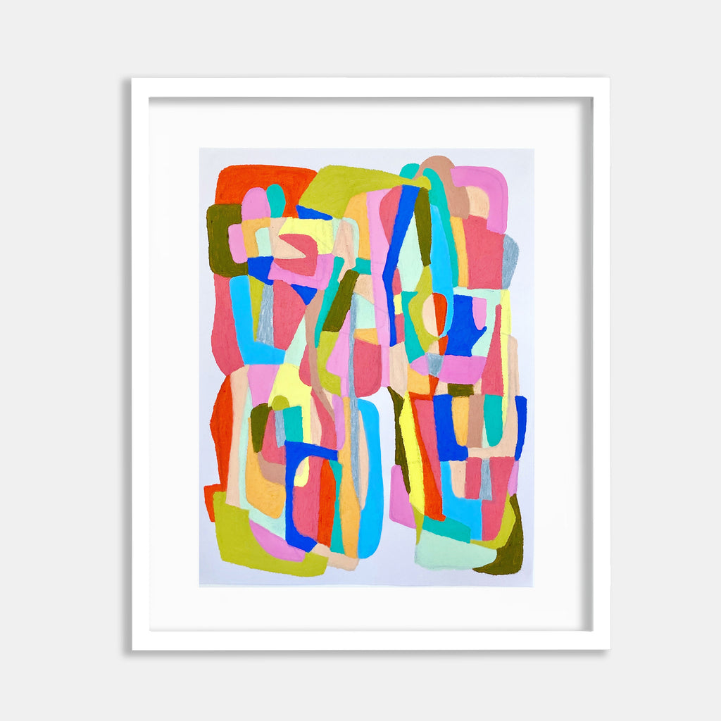 The artwork 'System (color)' by Alicia Little features vibrant abstract shapes in oil pastel and gouache, showcasing interlocking geometric forms in bright pink, yellow, blue, orange, and turquoise. The composition creates a dynamic pattern of curved and angular elements, reminiscent of modernist abstract art, with bold brushstrokes and layered colors on paper.