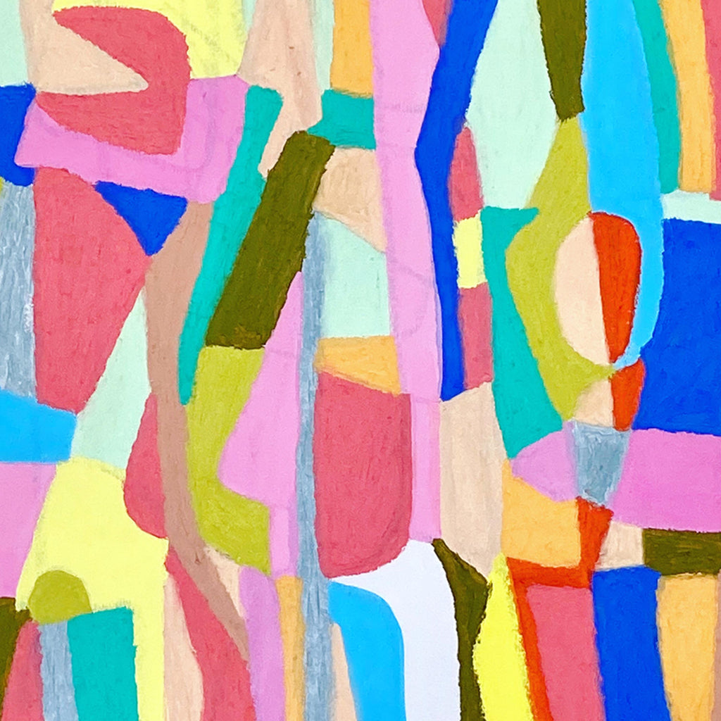 The artwork 'System (color)' by Alicia Little features vibrant abstract shapes in oil pastel and gouache, showcasing interlocking geometric forms in bright pink, yellow, blue, orange, and turquoise. The composition creates a dynamic pattern of curved and angular elements, reminiscent of modernist abstract art, with bold brushstrokes and layered colors on paper.