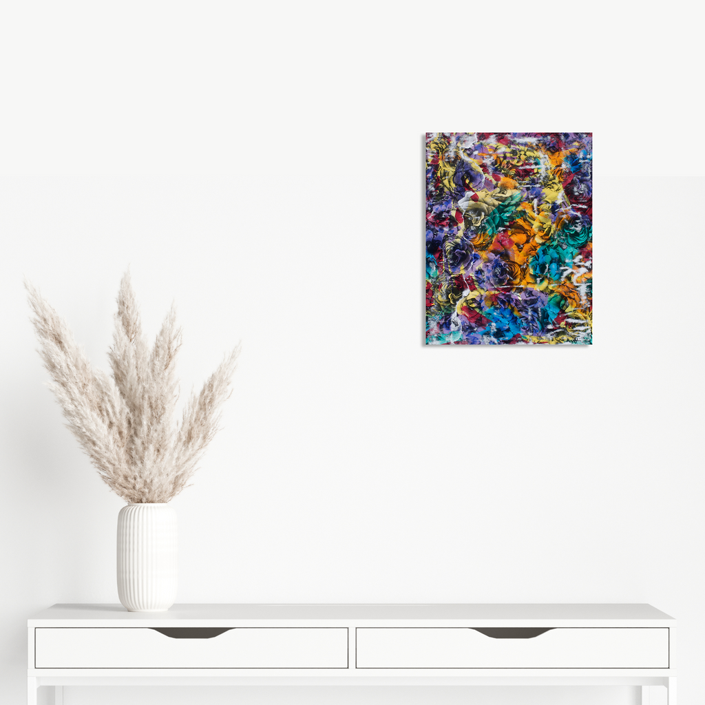 The artwork 'Rainbow Roses' by Aaron Hillebrand features a vibrant abstract composition of swirling roses in kaleidoscopic colors. Turquoise, purple, yellow, and orange blooms blend together in a dreamlike pattern, created through acrylic paint and photo transfer technique on wood panel. The dynamic arrangement creates a psychedelic floral effect.