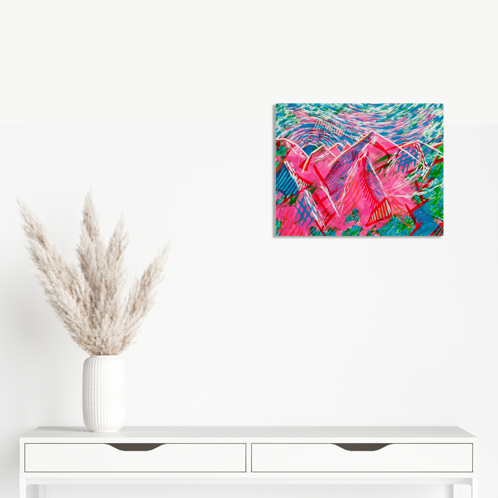 The artwork 'Magenta Cerulean Mountain' by Aaron Hillebrand features bold geometric mountain shapes in vibrant magenta, intersected by dynamic cerulean blue lines. Abstract turquoise and green swirls create a dynamic background texture. The acrylic painting on canvas showcases an energetic interplay of warm and cool tones in a contemporary abstract style.