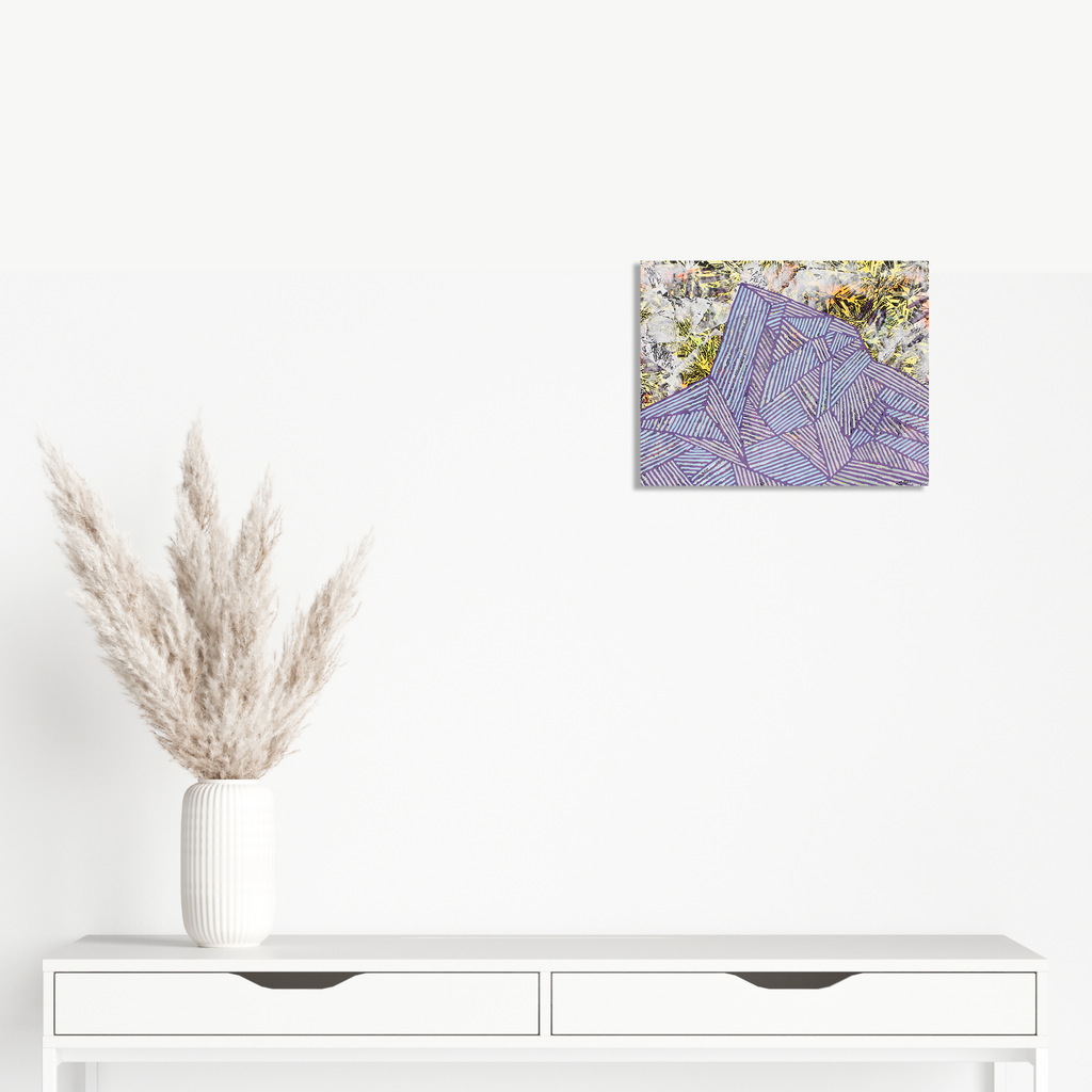 The artwork 'Purple Mountain Yellow Diamond Sky' by Aaron Hillebrand features an abstract mountain landscape rendered in soft purple hues, contrasting with a textured yellow and gold sky. Created using acrylic paint and photo transfer technique on art board, the piece combines geometric shapes with organic textures, measuring 11x14 inches. By Aaron Hillebrand.