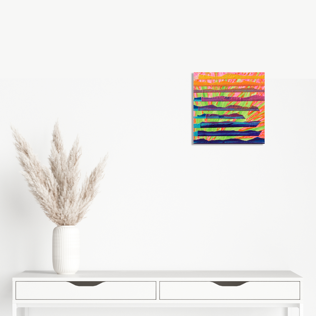 The artwork 'Oaxaca Palm' by Aaron Hillebrand features vibrant horizontal stripes in orange, pink, turquoise, and deep blue, created with acrylic and tape on a 12x12 inch canvas. The composition suggests a modern, geometric interpretation of tropical sunset colors, with clean lines and layered striped patterns - by Aaron Hillebrand.