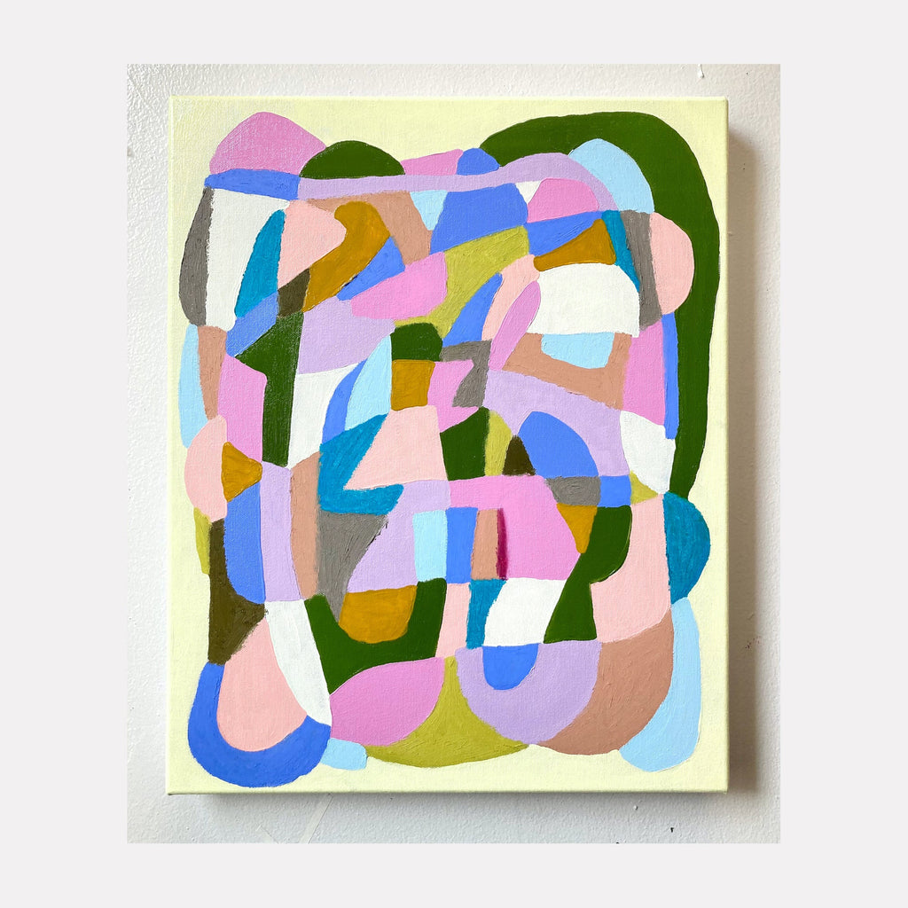 The artwork 'Swollen' by Alicia Little features an abstract composition of interlocking curved shapes in pastel and bold colors. Pink, blue, olive green, and white forms create a flowing, puzzle-like pattern. The oil and oil pastel on canvas piece showcases organic, rounded elements that weave together in a playful, modern style.