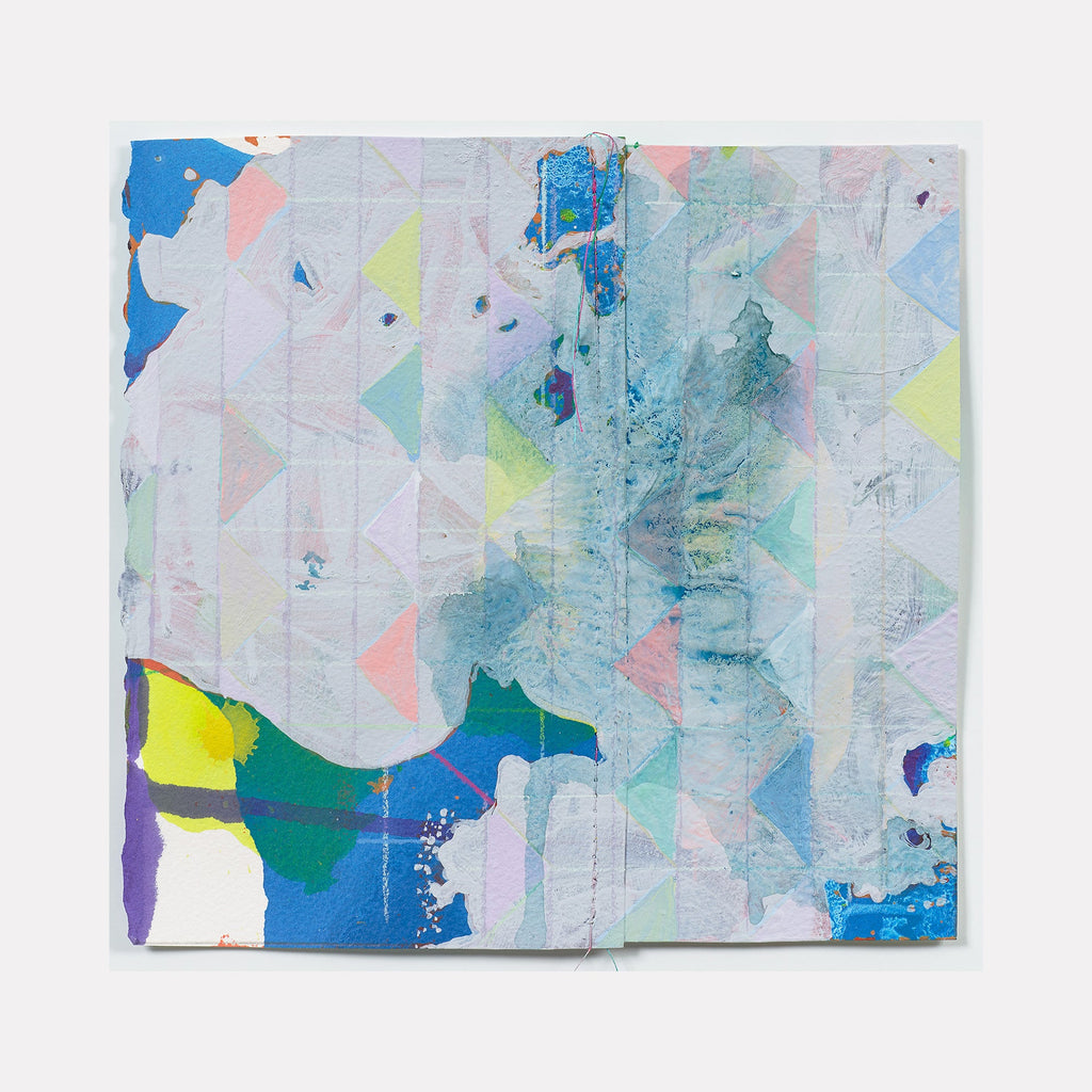 The artwork 'Sun Shower' by Anne Sherwood Pundyk features an abstract composition with geometric shapes in pastel hues, dominated by soft blues, yellows, and pinks. Watercolor-like textures blend with precise angular forms, creating a dynamic interplay of colors. Stitched elements add textural depth while splashes of vibrant turquoise and purple create focal points across the mixed-media surface.