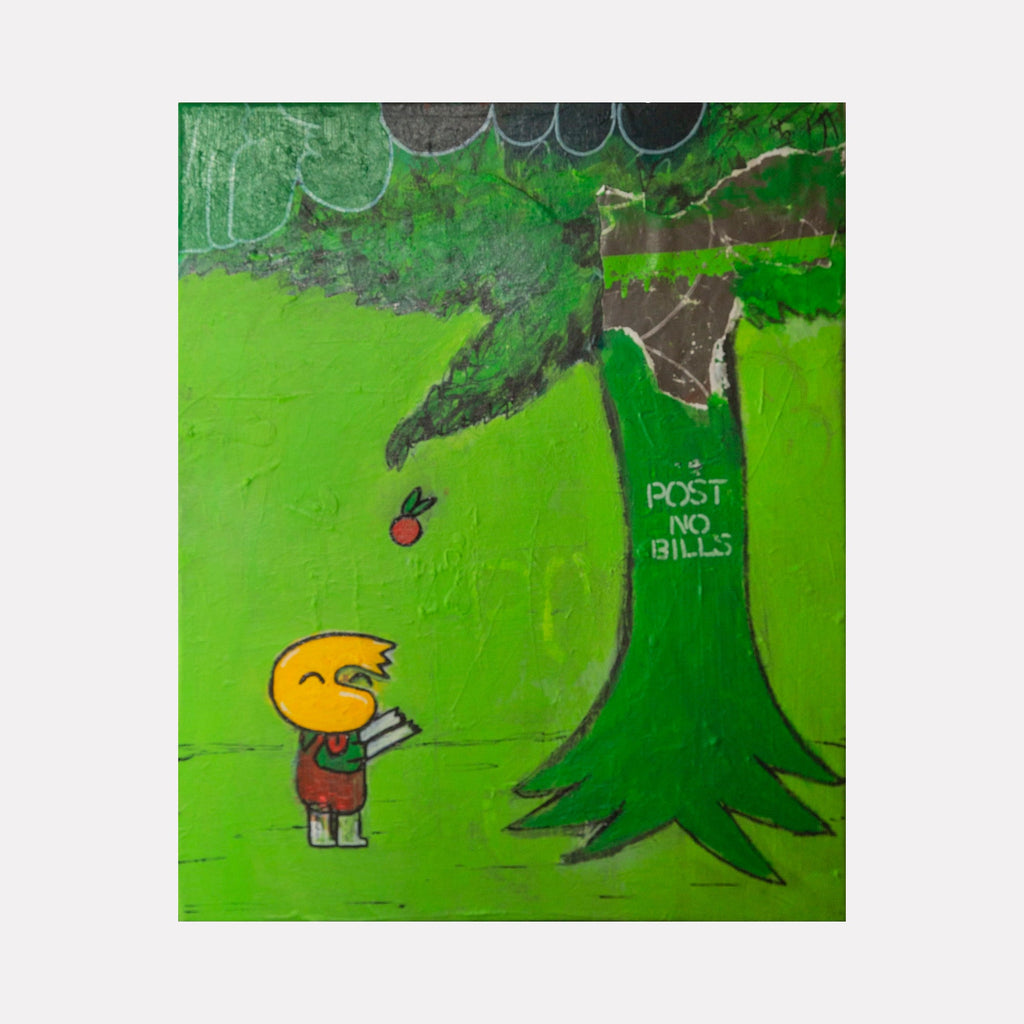 The artwork 'The Barking Tree' by Andrew Psomas features a whimsical cartoon scene with a vibrant green tree marked 'Post No Bills' and a small orange-headed character in red clothing looking up at a dangling red object. Created in acrylic and oil-based marker on canvas, the piece combines bold colors with playful illustration style against a bright green background.