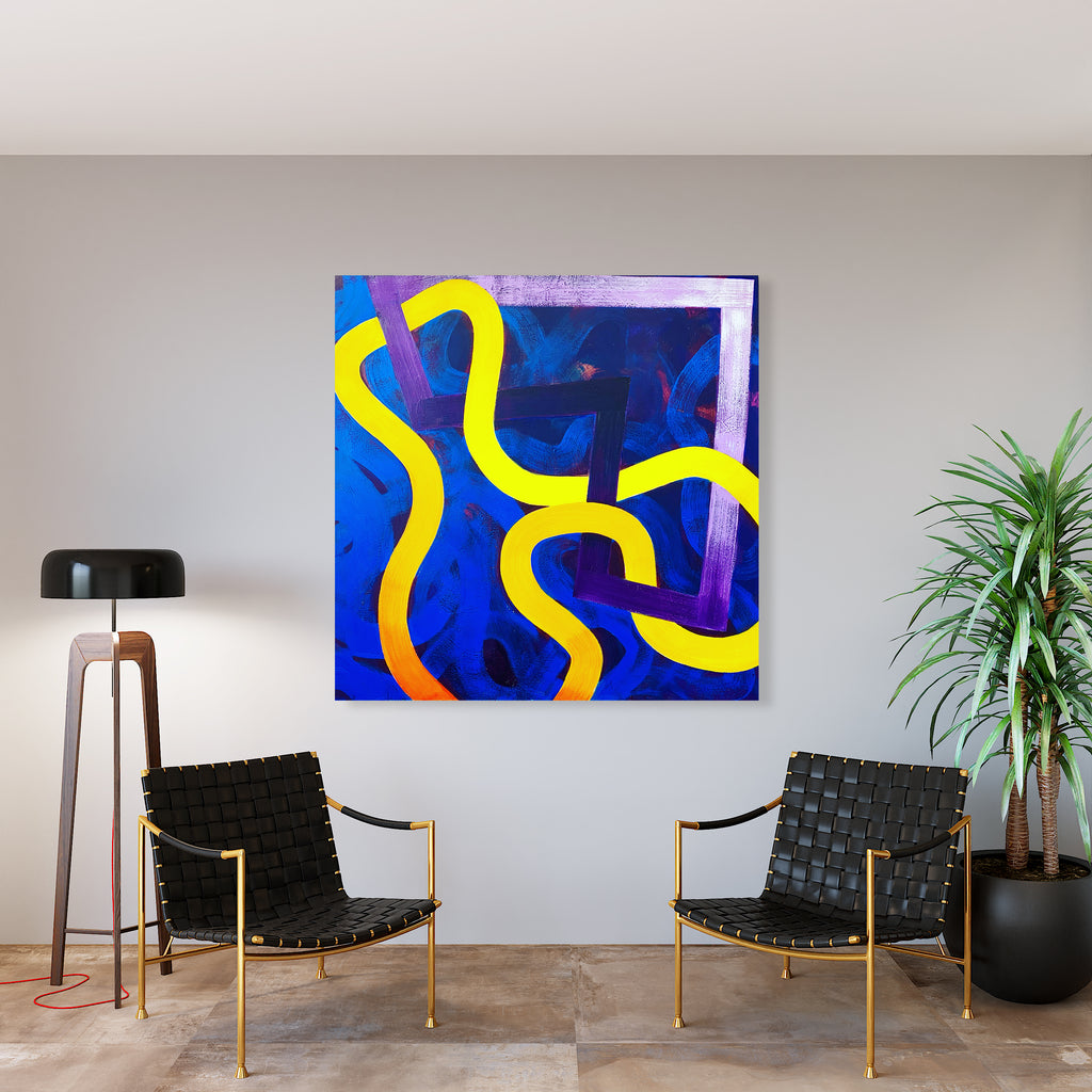 The artwork 'Couple' by Fred Bendheim features vibrant yellow serpentine lines flowing across a deep cobalt blue background, creating dynamic movement and contrast. Abstract expressionist composition on oil canvas showcases organic curves against bold geometric shapes with touches of purple undertones, measuring 60x60 inches.