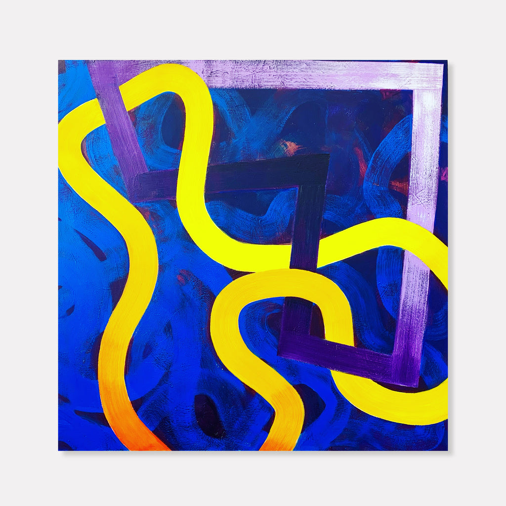 The artwork 'Couple' by Fred Bendheim features bold, serpentine yellow lines winding across a deep cobalt blue background, with striking purple accents. The abstract composition creates dynamic movement through curved forms, painted in oil on canvas with vibrant contrasting colors and expressive brushwork.