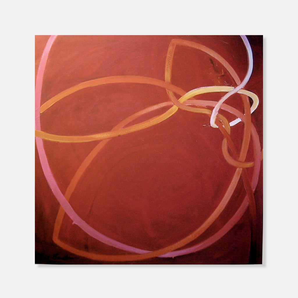 The artwork 'Fire Lotus' by Fred Bendheim features flowing curved lines in shades of pink, orange, and yellow creating an abstract lotus-like pattern against a deep burgundy background. The oil painting's graceful swirls suggest movement and organic forms, with translucent brushstrokes creating an ethereal, floating effect on the 36x36 inch canvas.