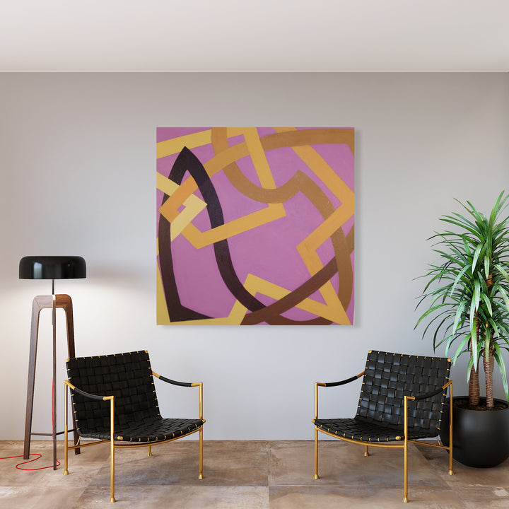 The artwork 'Q & A' by Fred Bendheim features bold abstract geometric patterns with interweaving curved and angular lines in deep brown and golden yellow set against a mauve pink background. The oil on canvas composition creates a dynamic interplay of shapes suggesting movement and dialogue across the 60x60 inch surface.