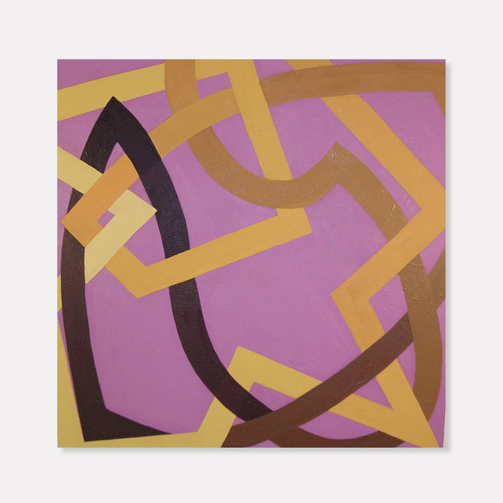 The artwork 'Q & A' by Fred Bendheim features an abstract composition with curved and angular forms in gold, brown, and purple tones. Bold geometric shapes interweave across a lavender background, creating a dynamic pattern of intersecting lines and curves. The oil on canvas painting demonstrates a contemporary minimalist style with strong graphic elements.