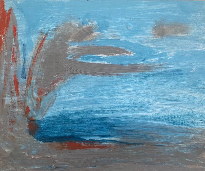 The artwork 'Seawall #31' by Beth Barry features dynamic brushstrokes in a coastal abstract composition. Bold strokes of coral red and silvery gray sweep across a serene blue backdrop, suggesting waves meeting rocky shores. The acrylic painting on panel captures the raw energy of ocean movement through textured layering and fluid gestures. By Beth Barry.