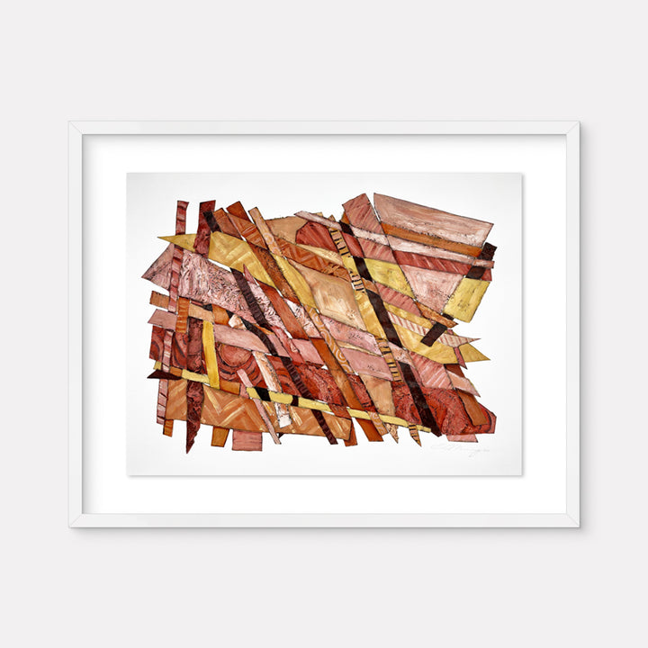 The artwork 'Burning Thoughts' by Christina Massey features an abstract composition of overlapping geometric strips in warm earth tones. Copper, rust, and amber fragments create a dynamic pattern, layered with textural elements through mixed media techniques of acrylic, linocut, and thread on canvas and paper, arranged in diagonal intersecting lines.