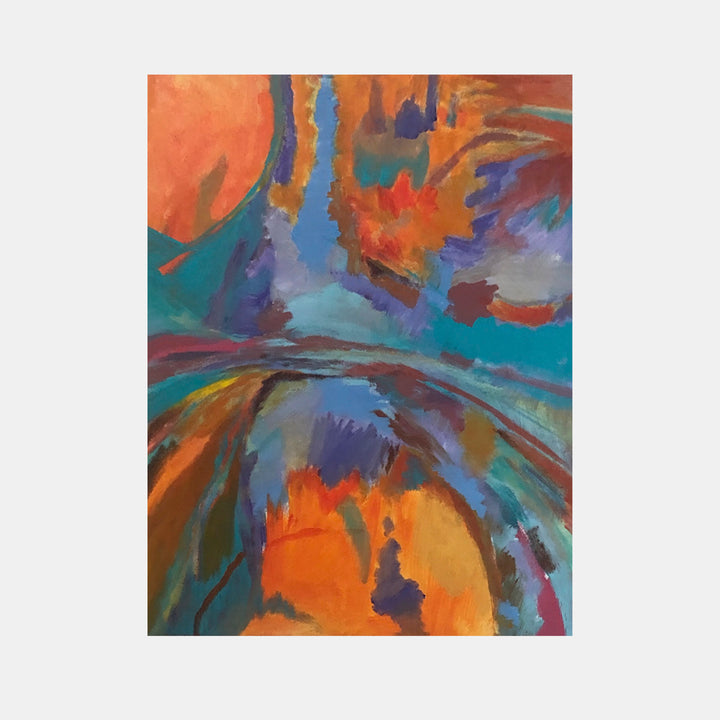 The artwork 'Burnt Orange' by Beth Barry features dynamic brushstrokes of vibrant orange and teal creating an abstract landscape. Bold sweeping curves intersect with explosive bursts of color, while deep purples and blues add depth and movement. Acrylic on canvas showcases textural elements and energetic paint application in this 20x16 inch contemporary piece by Beth Barry.