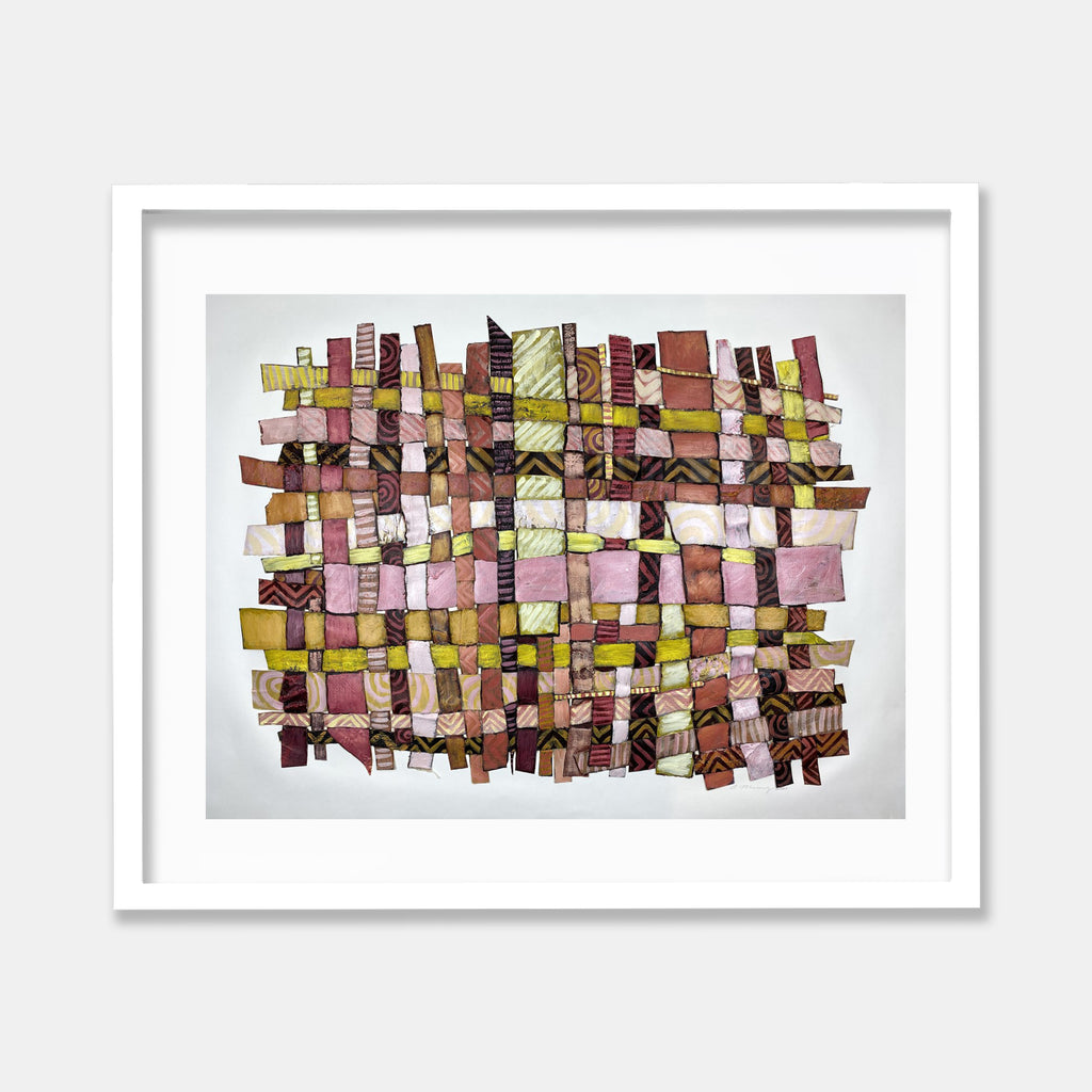 The artwork 'Feeling: Contemplative' features an intricate woven pattern of paper strips in warm earth tones, pinks, and yellows. The geometric composition creates a textural grid-like structure, with individual pieces overlapping in a basketweave technique. The abstract collage displays varying shades of brown, rose, and chartreuse, creating depth and visual rhythm within a white frame. By Christina Massey.