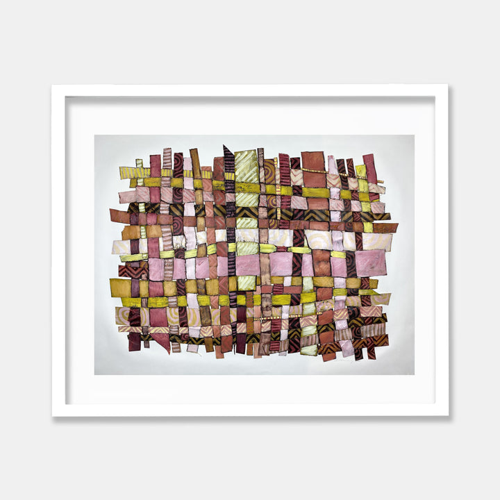 The artwork 'Feeling: Contemplative' features an intricate woven pattern of paper strips in warm earth tones, pinks, and yellows. The geometric composition creates a textural grid-like structure, with individual pieces overlapping in a basketweave technique. The abstract collage displays varying shades of brown, rose, and chartreuse, creating depth and visual rhythm within a white frame. By Christina Massey.