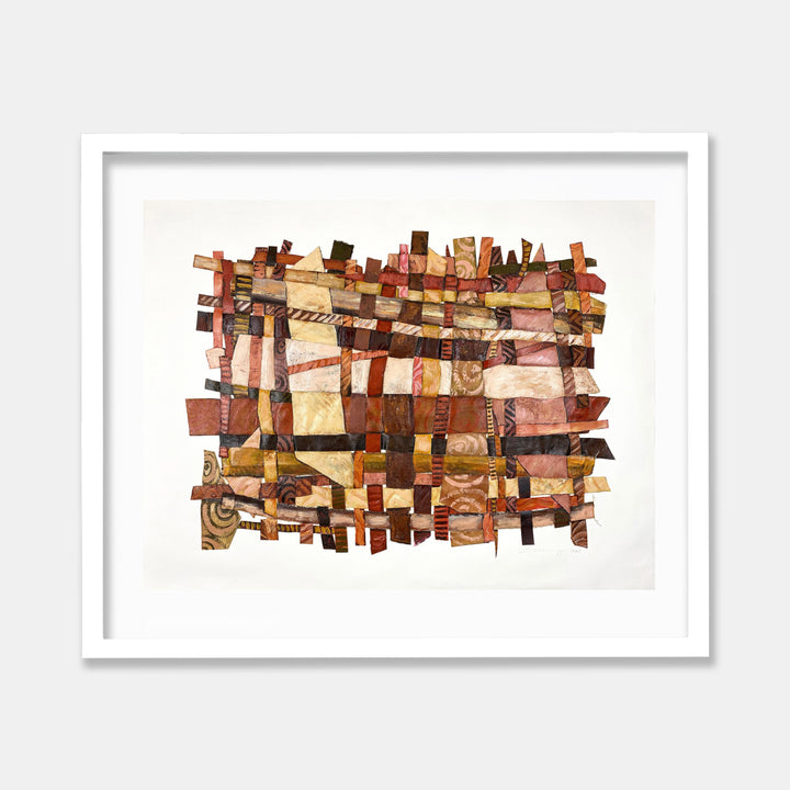 The artwork 'Feeling: Spicy' by Christina Massey features an intricate woven pattern of paper strips in warm earth tones, creating a textural abstract composition. Brown, rust, and golden hues interlock in a basketweave design, with small geometric shapes and spiraling details adding visual interest. The 26x34 inch mixed media piece displays a harmonious blend of collage techniques and layered elements.