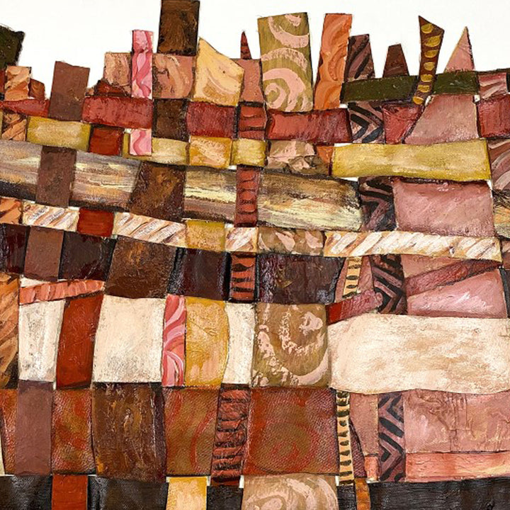 The artwork 'Feeling: Spicy' by Christina Massey features an abstract geometric composition of interwoven strips in warm earth tones. The piece showcases a mosaic-like pattern with rectangular and angular shapes in shades of russet, brown, peach, and cream. Textural elements suggest a mixed media approach, with layered patches creating a dynamic, woven appearance. 26x34 inches by Christina Massey.