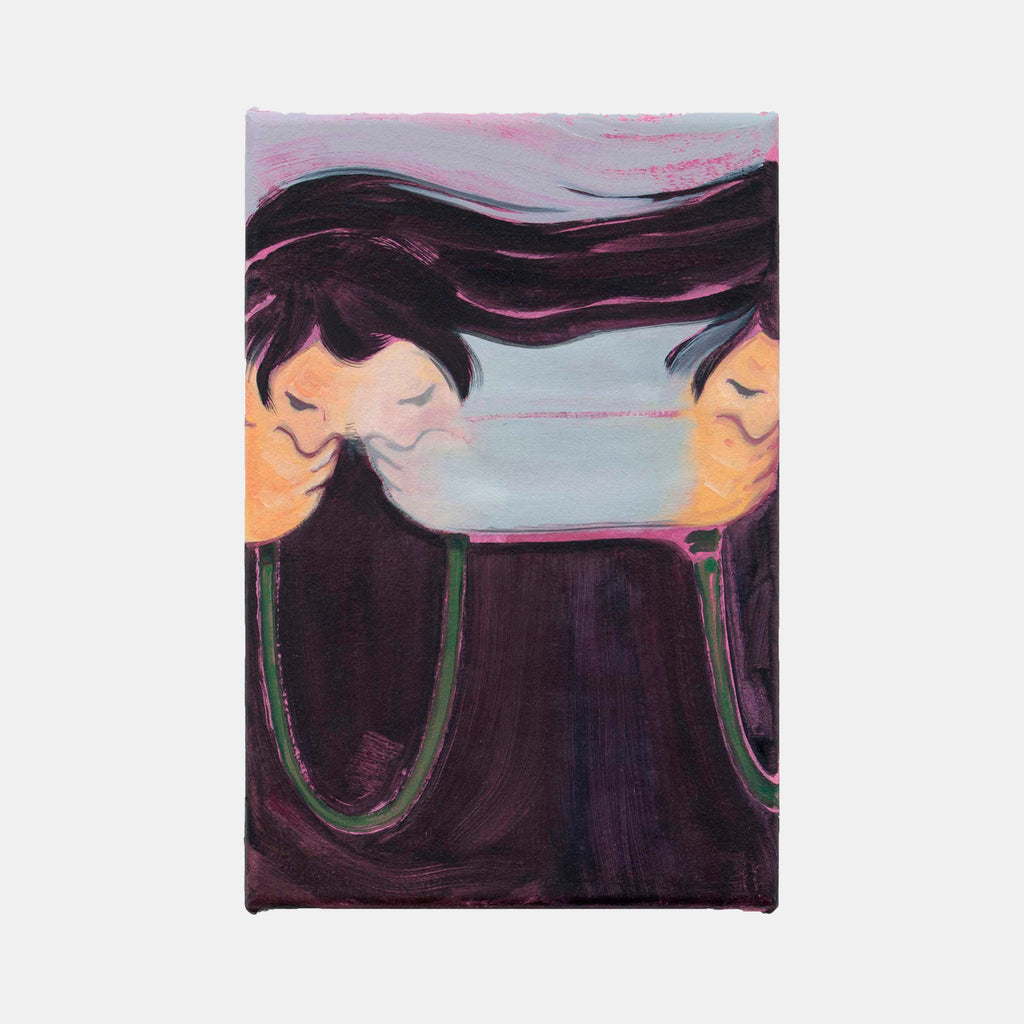 The artwork 'Preparing for (Black Site) II' by Christian Perdix features two stylized figures with flowing dark hair against a muted background. The composition uses oil and acrylic on cotton, depicting curved forms in deep purples and oranges with subtle pink undertones. The abstract expressionist style creates a dreamlike quality through fluid brushstrokes and organic shapes.