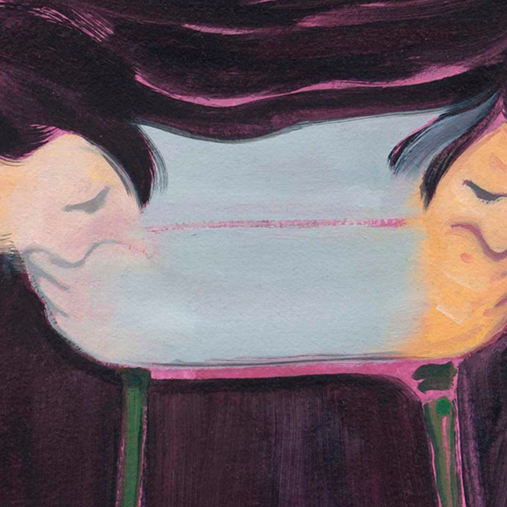 The artwork 'Preparing for (Black Site) II' by Christian Perdix features an abstract composition with two stylized profiles against a muted grey background. The figures are connected by a delicate pink line, with dark purple flowing hair above. The oil and acrylic painting on cotton canvas employs a minimalist color palette with touches of green, creating a dreamlike atmosphere.