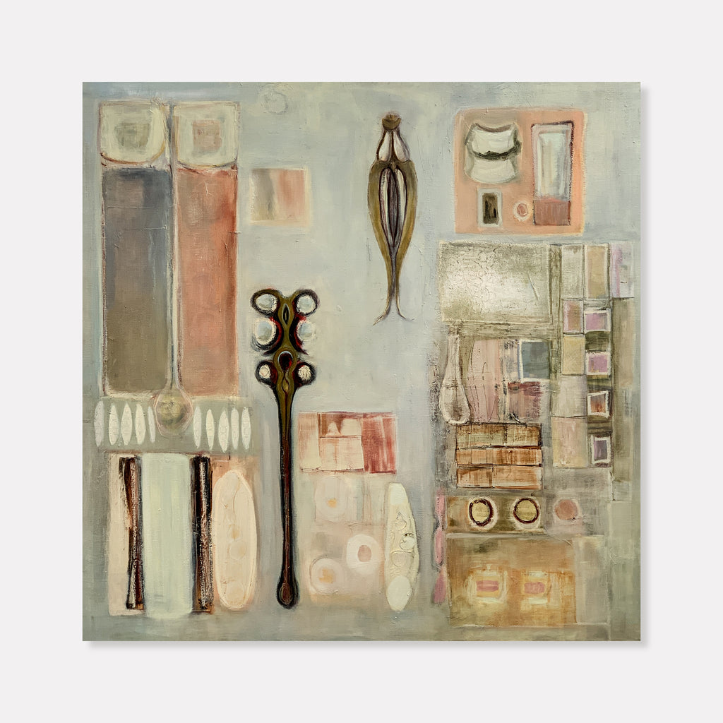 The artwork 'Creating Systems to Stay Alive' by Nina Meledandri features abstract geometric forms arranged in a grid-like composition. Muted sage green, coral, and cream tones blend with earthy browns. Elongated organic shapes reminiscent of tools or utensils float against a pale background. Textural elements created with oil paint, wax medium, and graphite add depth and visual interest to this 48x48 inch canvas.