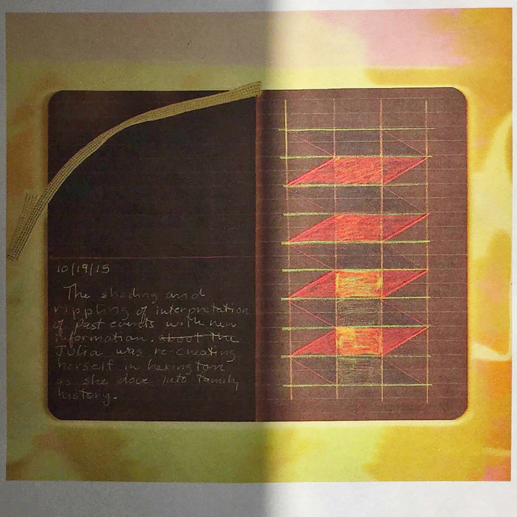 The artwork 'October 16 2015' features an open notebook displaying geometric red parallelograms arranged vertically against a gridded background. The left page contains handwritten text, while the right page shows four vibrant red shapes against lined paper. The composition is bathed in warm yellow and amber tones. Digital inkjet print by Anne Sherwood Pundyk.