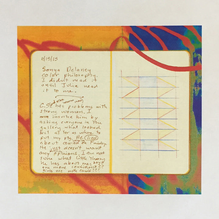 The artwork 'Sonia Delaney' by Anne Sherwood Pundyk features a handwritten journal entry on aged paper against a vibrant orange and blue background. A geometric line drawing appears on the right side, while handwritten text fills the left portion. The 13x13 inch archival digital inkjet print captures the intimate, diary-like composition with rich color contrast. By Anne Sherwood Pundyk.