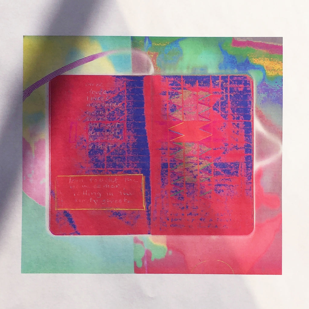 The artwork 'Rolling in the Dusty Streets' features a vibrant digital composition with a central red rectangular form divided into two panels with blue textural overlays, surrounded by dreamy mint green and rose-colored atmospheric effects. The abstract design shows distressed, weathered textures creating a dynamic interplay of colors in this 13x13 inch archival inkjet print by Anne Sherwood Pundyk.