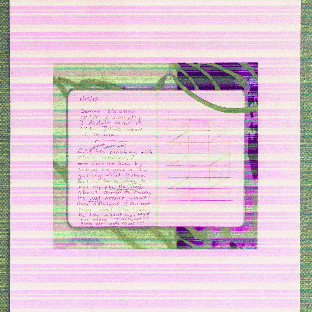 The artwork 'Strong Women' by Anne Sherwood Pundyk features a handwritten note page against a layered background of pink horizontal stripes and abstract green and purple swirls. The composition combines analog and digital elements, presented as a 13x13 inch archival digital inkjet print, creating a mixed-media aesthetic that merges traditional journaling with contemporary digital art techniques. By Anne Sherwood Pundyk.