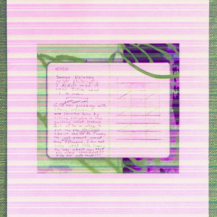 The artwork 'Strong Women' by Anne Sherwood Pundyk features a handwritten note page against a layered background of pink horizontal stripes and abstract green and purple swirls. The composition combines analog and digital elements, presented as a 13x13 inch archival digital inkjet print, creating a mixed-media aesthetic that merges traditional journaling with contemporary digital art techniques. By Anne Sherwood Pundyk.