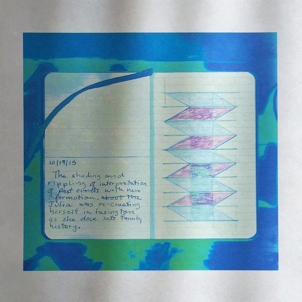 The artwork 'Re-Creating Herself' by Anne Sherwood Pundyk features an open notebook page with handwritten text and a series of pink geometric arrow shapes against white paper. The notebook is set against a vibrant background of swirling turquoise and deep blue watercolor-like effects. The digital inkjet print captures intimate journal details and artistic expression through color and form. By Anne Sherwood Pundyk.