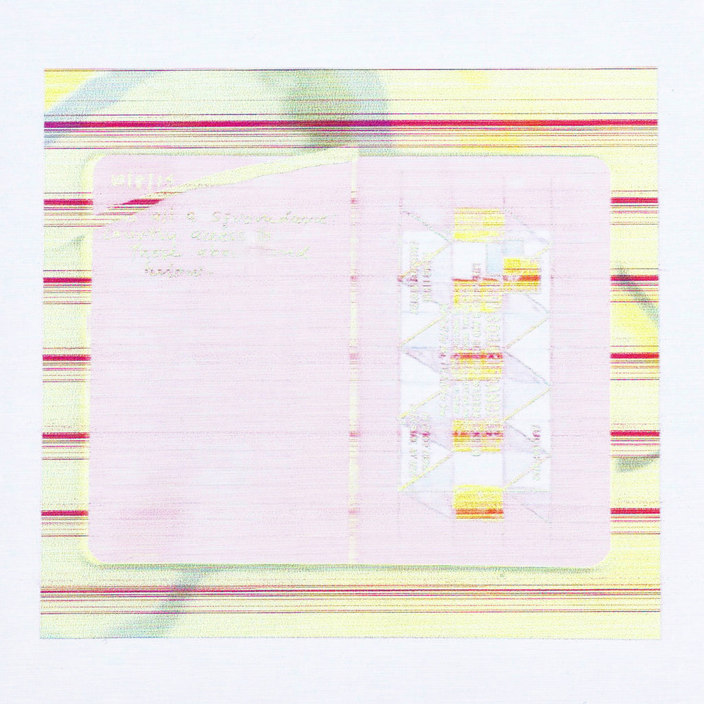 The artwork 'Square Dance' by Anne Sherwood Pundyk features a minimalist composition with horizontal striped patterns in soft pink, yellow, and red hues. The central focus shows a pale pink rectangular form with geometric elements, creating a subtle dance of shapes against a pastel background. The digital inkjet print demonstrates delicate color transitions and linear precision - by Anne Sherwood Pundyk