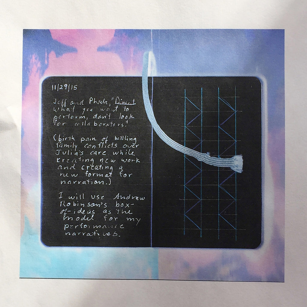 The artwork 'Performance' by Anne Sherwood Pundyk features a black notebook page with handwritten text and geometric blue grid patterns against a dreamy background of pink and blue watercolor-like effects. The notebook displays a curved line diagram and artistic notes in white chalk or pen. Archival Digital Inkjet Print by Anne Sherwood Pundyk.