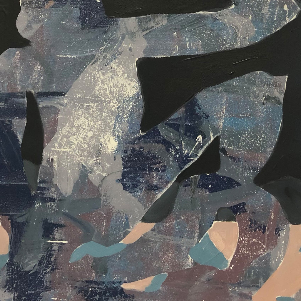 The artwork 'Monkey' by Nikki Shapiro features abstract geometric shapes in deep navy blues and slate grays, contrasted with soft peach tones on acrylic canvas. The composition displays dynamic angular forms creating a fragmented effect, with textured brushstrokes and overlapping layers that suggest movement and depth. 20x16 inches acrylic on canvas by Nikki Shapiro.