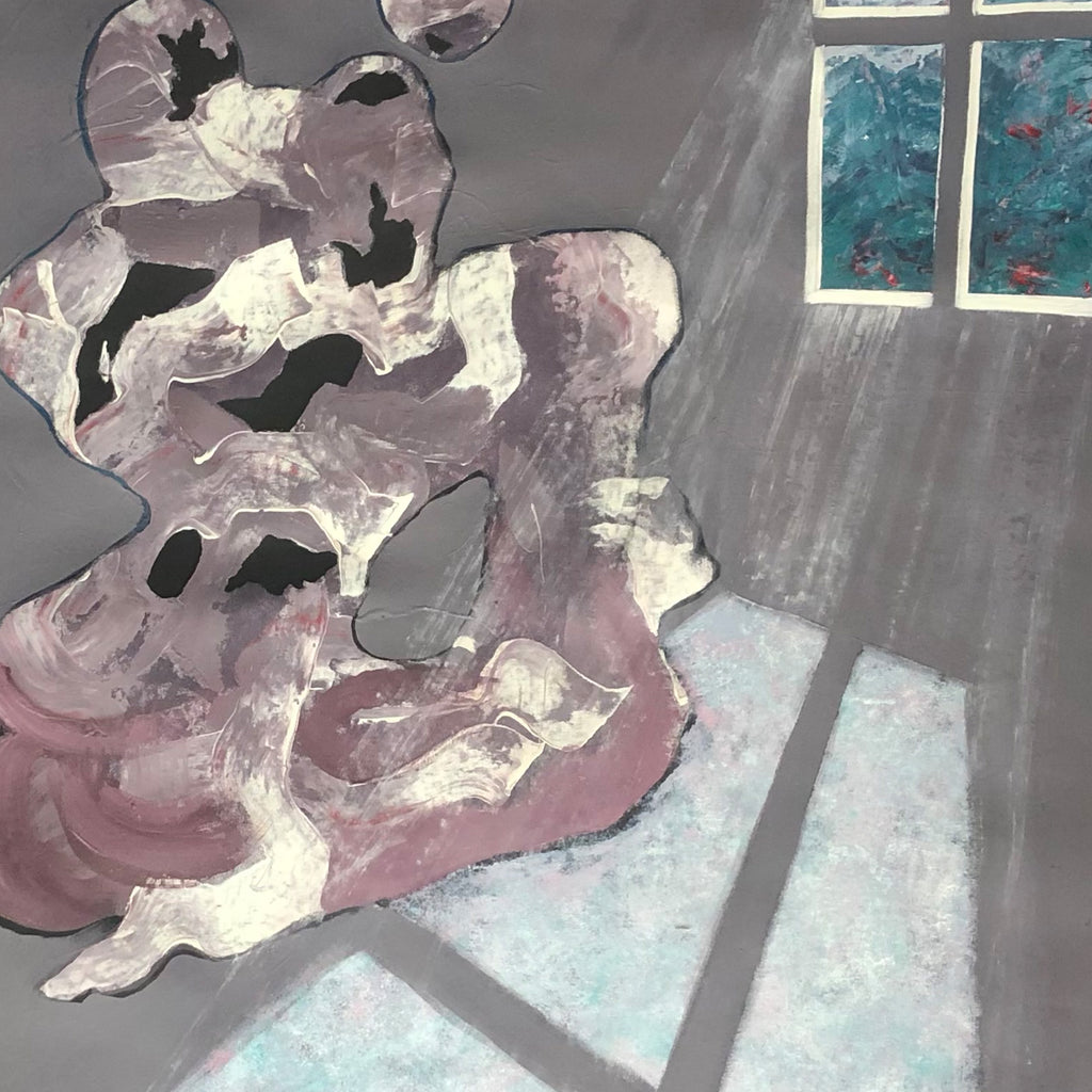 The artwork 'Rose Garden' by Nikki Shapiro features abstract organic shapes in muted lavender and rose tones against a moody gray background. The composition includes flowing, ethereal forms with pearlescent highlights, complemented by turquoise window reflections. The acrylic oil canvas creates a dreamy, dimensional effect through textural brushwork and light interplay.