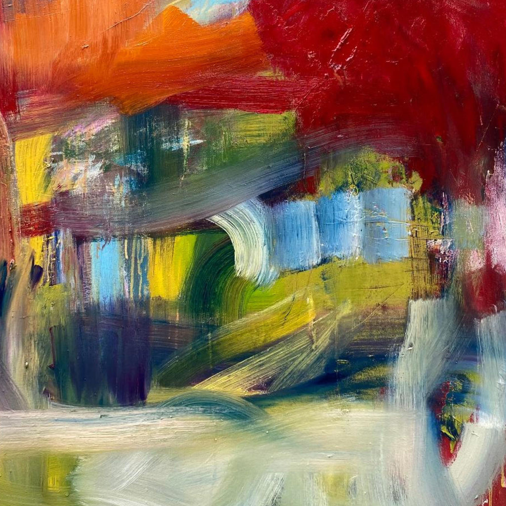 The artwork 'Clearing' by Kevin McGoff features vibrant abstract expressionism with dynamic brushstrokes in bold orange, red, blue, and yellow hues. The 30x30 oil painting displays sweeping gestural movements across the canvas, creating a sense of movement and depth through layered colors and energetic textures that suggest a natural landscape breaking through atmospheric elements.